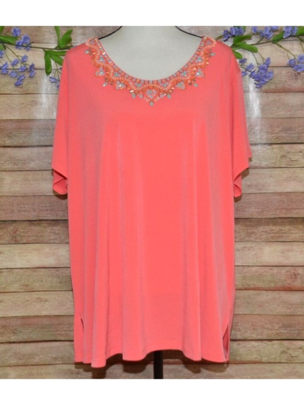 NWOT Susan Graver Artisan Beaded Blouse Size 3X Solid Peach Liquid Knit Tunic